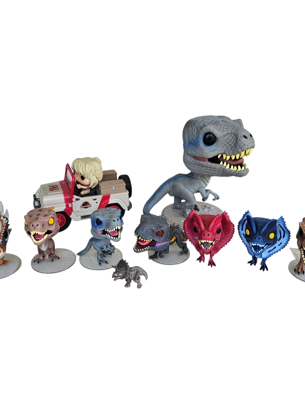 Funko Jurassic Park Jeep Vehicle lot of 10 w/ T-Rex, Triceratops & Dilophosaurus